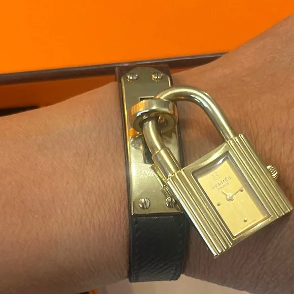 Hermes Kelly Black Leather Watch with Gold Accents
